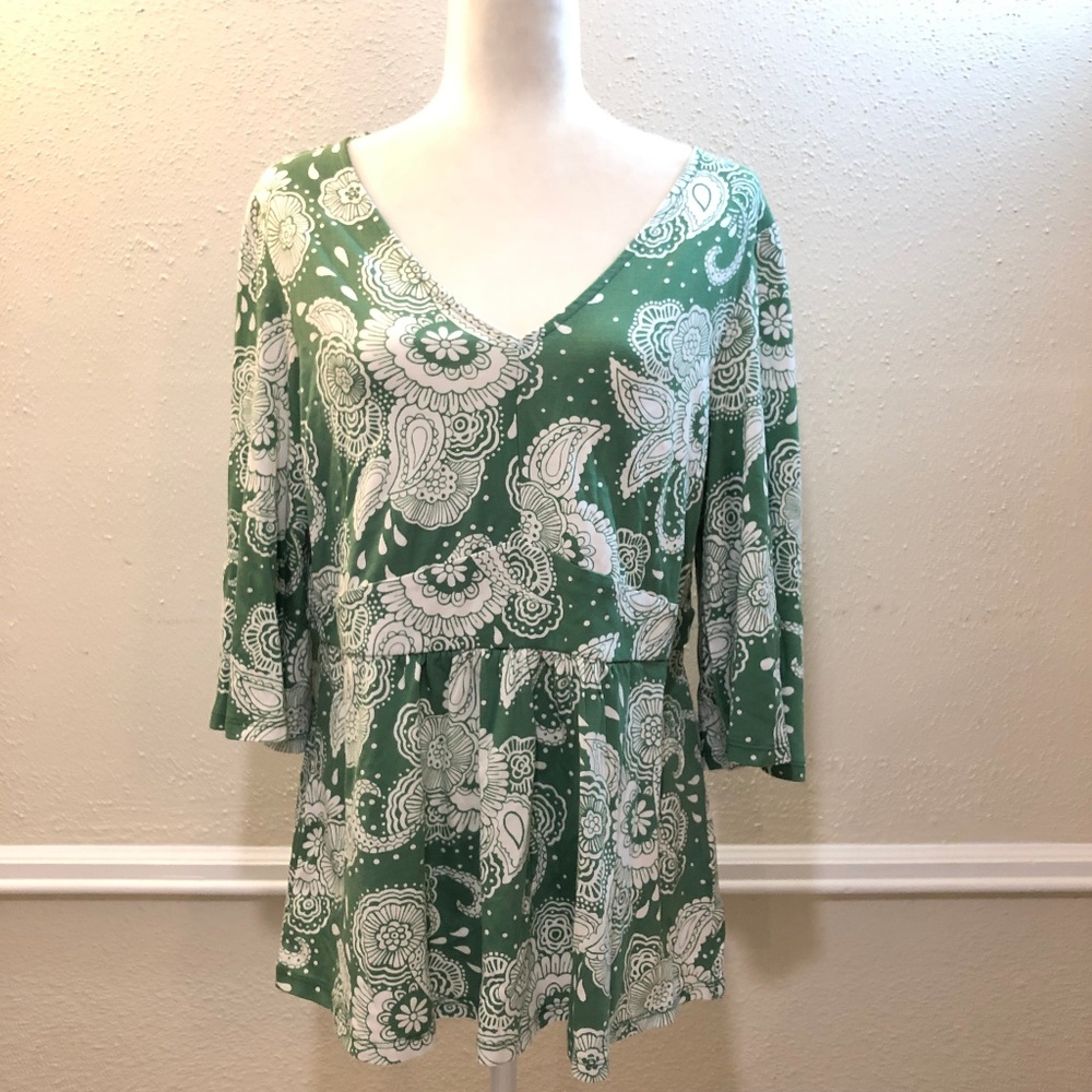 Boden V Neck Green Paisley Top